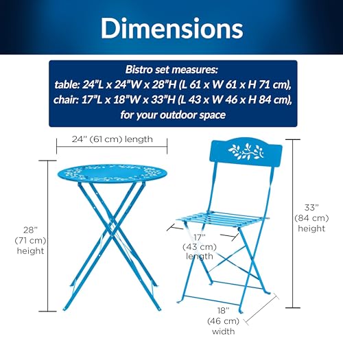 Alpine Corporation 3-Piece Bistro Set with Folding Table and 2 Chairs, Durable Steel Indoor/Outdoor Patio Furniture, Compact Seating, Blue