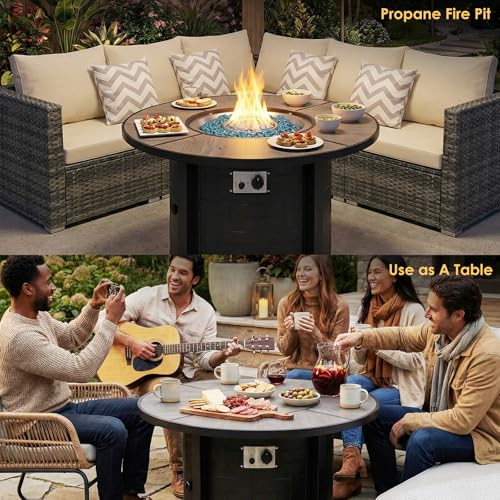 TLGREEN Propane Fire Pit Table 42 Inch Round – 50,000 BTU Outdoor Fire Pit with Lid, Converts to Patio Coffee Table, Certified, Includes Waterproof Cover & Blue Fire Glass(Grey)