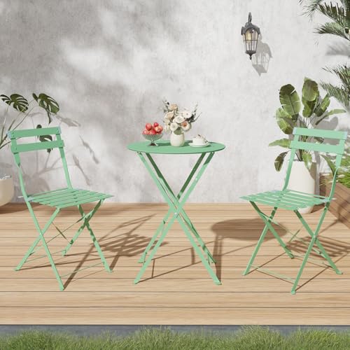 DSNAPE 3-Piece Folding Bistro Set, 2 Chairs and 1 Coffee Table, Space Saving Weather-Resistant Frame, Portable Indoor/Outdoor Patio Furniture Conversation Set for Garden Porch Balcony Deck - Green