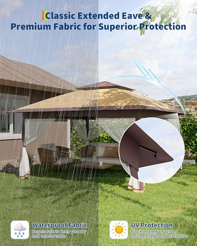 Garvee 12x12FT Pop Up Gazebo with Mosquito Netting, Outdoor Canopy Tent Easy Setup for Backyard Patio Garden Deck, Khaki & Coffee
