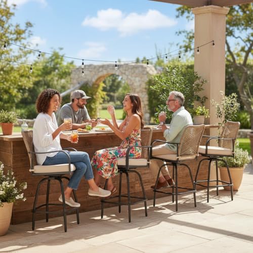 GOOGIC Outdoor Bar Stools Set of 4, 360° Swivel Metal Frame, Wicker Patio Bar Height Stools with Cushion, All-Weather Rattan Chair Design for Patio Backyard, Lawn Garden, Balcony, Poolside