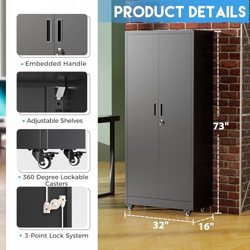 Greenvelly Metal Garage Storage Cabinet with 4 Swivel Wheels, 73” Black Storage Cabinet on Wheels, Rolling Tool Cabinet with Locking Doors and Shelves for Garage, Basement, Home, Warehouse