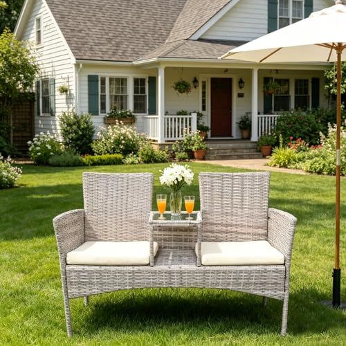 2-Seat Gray Wicker Outdoor Loveseat with Glass Coffee Table & cushions