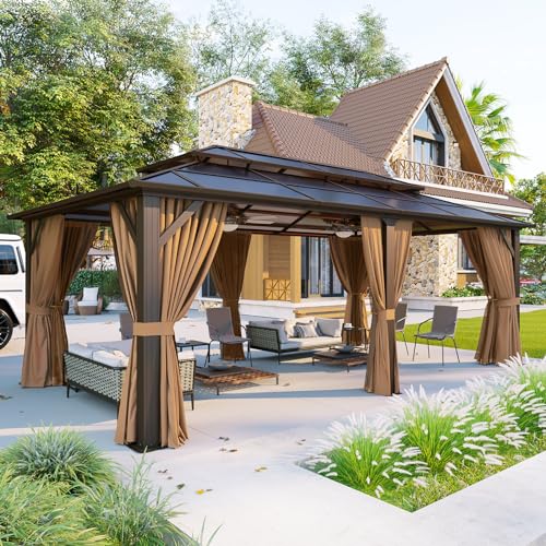 Aoxun 12'x20' Hardtop Gazebo, Aluminum Frame Permanent Pavilion with Curtains and Netting, Outdoor Polycarbonate Double Roof Canopy, Designed for Garden, Lawns, Patio