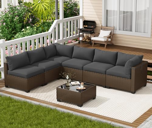 LOUVIXA 7 Piece Outdoor Patio Furniture Set, Outdoor Sectional Sofa, Wicker Rattan Patio Furniture, Patio Conversation Set with Coffee Table & Cushions