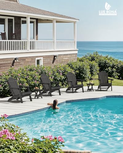 LUE BONA Folding Adirondack Chair, Chairs Set of 4, Cup Holder, Woodgrain, Fire Pit, Patio, Pool, Black