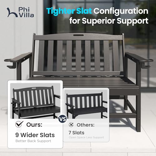 PHI Villa 50 Inches HDPE Outdoor Bench Weatherproof Garden Bench with 700 lbs Capacity, 2-Person Patio Benches for Outside, Park, Yard and Porch, Black