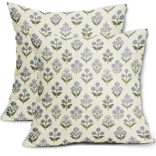 Sivirary Blue Green Block Print Pillow Covers 18x18 Inch Set of 2, Vintage Floral Spring Decorative Throw Pillow Cases Boho Cushion Covers Rustic Decoration Gift Farmhouse Sofa Couch Bed Decor