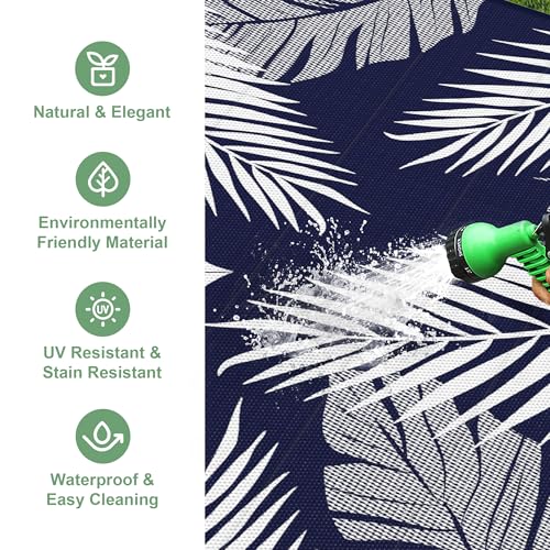 sarben Outdoor Rug 5’x8’ Waterproof for Patio Clearance, Reversible Indoor Outdoor Plastic Straw Camping Rug Carpet, RV Mat, Large Area Rug for Deck, Backyard, Balcony, Porch, Beach, Blue & White