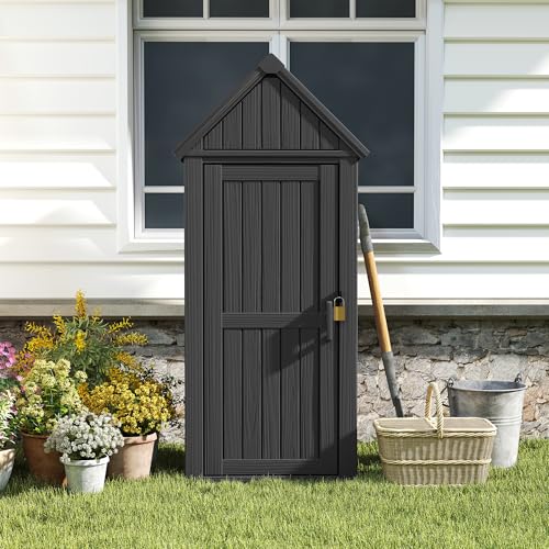 Bifanuo Deck Box Storage Shed Outdoor Storage Cabinet, Vertical Waterproof Resin Material Plastic Shed with Removable Shelves, 12 Hooks and Lock Ring for Garden, Pool and Patio (Black)