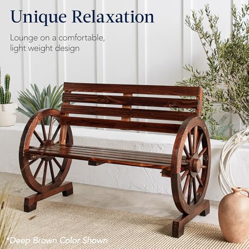 Best Choice Products 2-Person Wooden Wagon Wheel Bench for Backyard, Patio, Porch, Garden, Outdoor Lounge Furniture w/Rustic Country Design, Slatted Seat and Backrest - Black