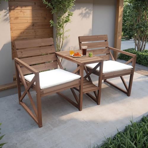 Hanover 33.5" x 27.5" Wood Outdoor Conversation Set with Two Seats, Table, and Umbrella