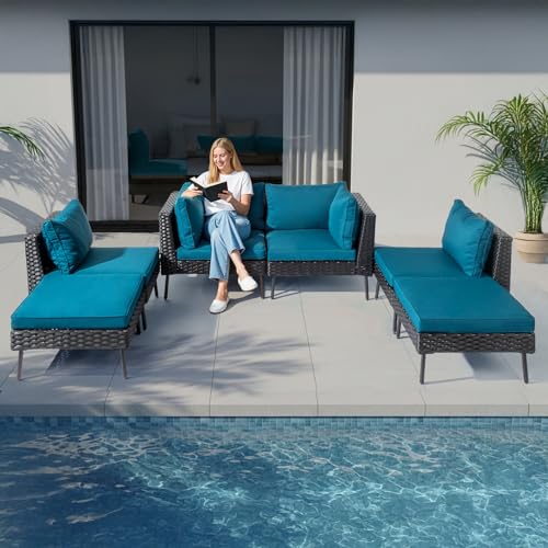 VINGLI 6-Piece Patio Furniture Set, All-Weather Wicker Outdoor Sectional Sofa with Thick Cushions, Hand-Woven Rattan Conversation Set for Garden & Backyard (Black)