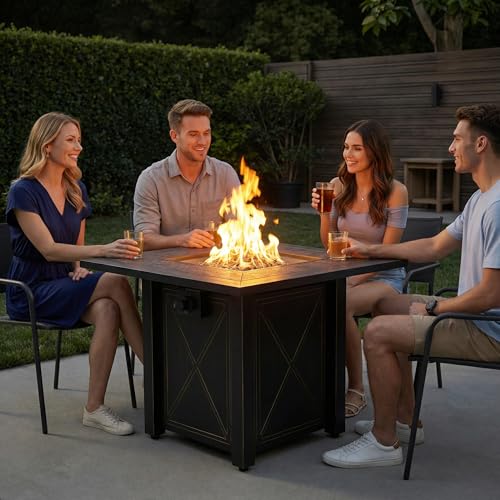 HOTEAGLE 30" Propane Fire Pit with Premium Ceramic Tabletop, 50000 BTU Powerful Gas Firepit Table - Includes Lid and Lava Rocks, Ideal Outdoor Fire Pit for Dining, Party in Patio, Garden, Yard