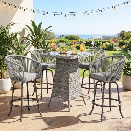 YITAHOME 27" Bar Stools Set of 2 with Arms & Cushions, 360° Swivel Outdoor Bar Stools, All Weather Counter Height Bar Stools Set of 2 with Curved Back for Backyard, Kitchen Island, Dining Room, Gray
