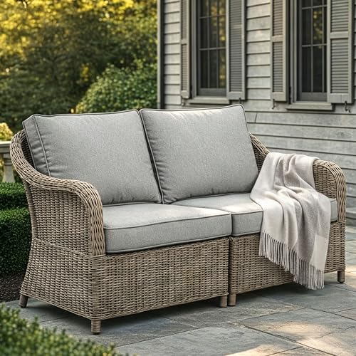 Martha Stewart Lily Pond Indoor-Outdoor Patio Loveseat in Weathered Gray Rattan Wicker with All-Weather Gray Back and Seat Cushions, 300 Lb. Static Weight Per Seat