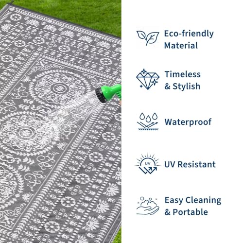 Garvee Reversible Outdoor Rug 5x8 for Patio, Waterproof Outdoor Area Rug, Boho Medallion Indoor Outdoor Carpet for Porch, Plastic Straw Rug for RV, Camping, Deck, Vintage Grey