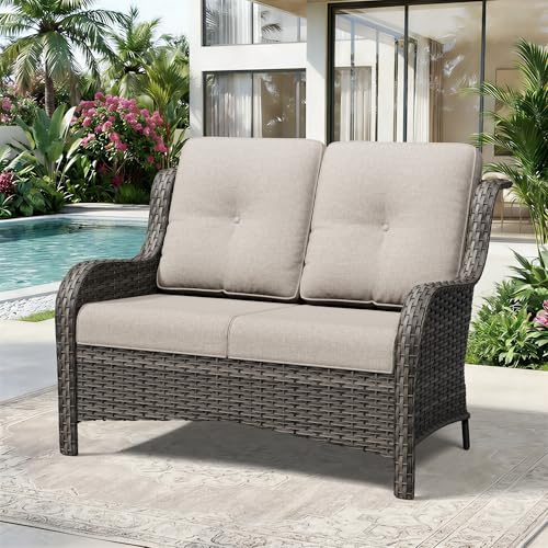 Gardenbee Wicker Patio Loveseat, 2 Seat Outdoor Couch with Thickened Olefin Cushions, High Back and Deep Seating, Hand-Woven PE Rattan for Porch, Deck, Balcony