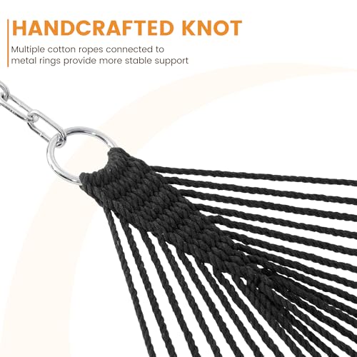 Lazy Daze Hammocks Double Rope Hammock, 2 Person Traditional Outdoor Hand Woven Cotton Rope Hammock with Spreader Bar, Carabiners, Tree Straps, Chains for Patio Yard - Max 450 Lbs, Dark Grey