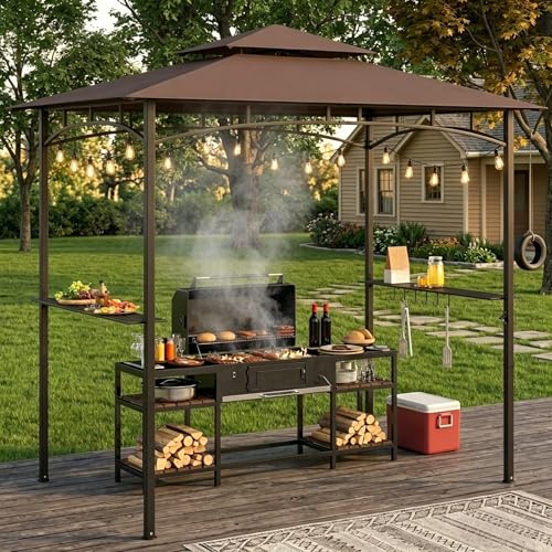 Murago 8x5 Grill Gazebo, BBQ Gazebo for Outdoor Grill, All Weather BBQ Canopy with 2 Shelves and Utensil Organizer, Steel Frame with Bottle Opener for Patio, Backyard, Grilling, Brown