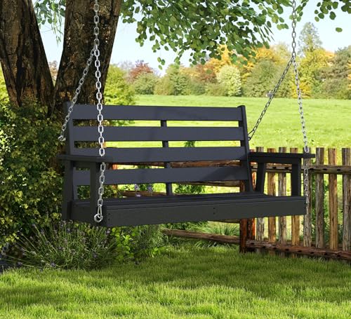 GREENVINES Porch Swing | 51’’ | HDPE Plastic | for Outdoor Patio | All Weather | Waterproof Bench Swings | w/ 4 Stainless Steel Chains | Black