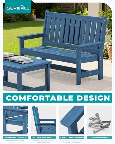 SERWALL Outdoor Bench with Cup Holder, Oversized 58" HDPE Porch Bench Suitable for 3 Person, All Weather Patio Benches with High Backrest for Garden, Park, Yard, Front Porch, Navy