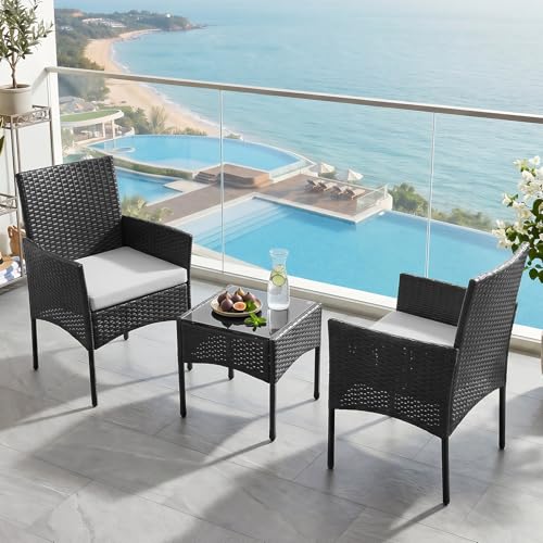 Sweetcrispy 3 Piece Patio Furniture Set, All-Weather Outdoor Wicker Bistro Set with Removable Cushions & Tempered Glass Table, Small Conversation Seating for Porch, Balcony, Deck, Backyard, Black