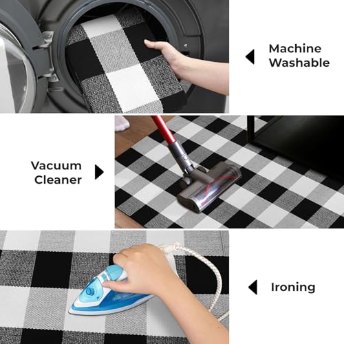 KOZYFLY Buffalo Plaid Area Rugs 3x5 Ft Black and White Checkered Rug Washable Front Door Mat Hand Woven Cotton Outdoor Rug Large Rug for Front Porch Kitchen Entryway Patio Bathroom
