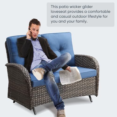 Belord Outdoor Glider Bench Patio Loveseat - 500 Lbs Weight Capacity 2 Seater Wicker Sofa, Small Porch Glider Furniture All Weather Rattan Couch with Removble Cushion for Balcony Deck Backyard, Brown