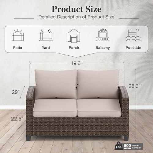 HERA'S HOUSE Outdoor Loveseat Patio Sofa, 2-Seat Wicker Couch with Waterproof Thick Cushions, Deep Seating Furniture for Garden Porch Backyard, Beige