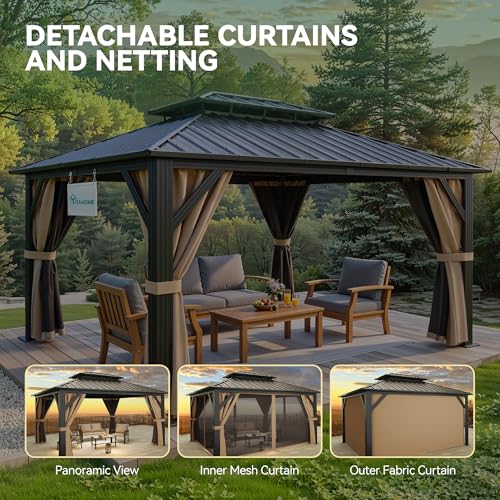 YITAHOME 9x11FT Hardtop Gazebo Double Roof Canopy w/Netting and Curtains, Outdoor Gazebo Permanent Galvanized Iron Steel Gazebo for Patio, Backyard, Deck and Lawns, Brown