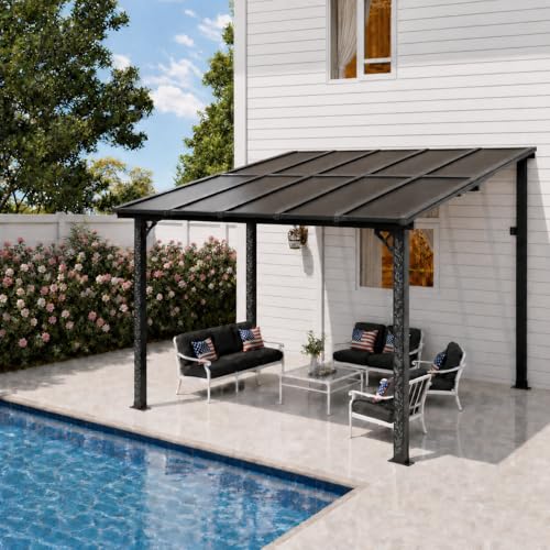 10 x 12 FT Patio Pergola, Heavy Duty Outdoor Metal Lean-to Gazebo, Hardtop Galvanized Steel Pergola with Sloped Polycarbonate Roof for Backyard, Deck, Patio, Black (140.5" L x 119" W x 98.4" H)