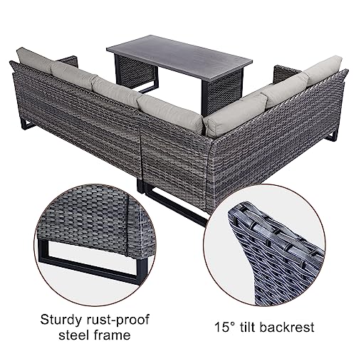 Belord Outdoor Sectional Sofa 6 Seater L Shaped Couch Wicker Patio Conversation Furniture Set with Tree-Grain Finish Metal Dining Table, Rattan Outdoor Furniture with Removable Washable Cushion Beige