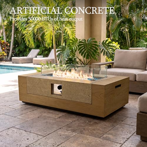 UPHA 50-inch Outdoor Patio Propane Gas Fire Pit Table 50000 BTU Concrete Round Firepit with ABS Tank Hidden Table, Wind Guard, Blue Glass Rocks, Rain Cover, Natural Wood Finish