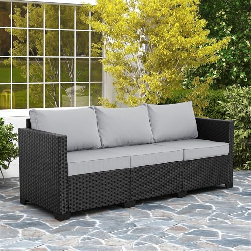 Rattaner Outdoor Furniture Outdoor Couch Patio Furniture 3-seat Sofa Deep Seat High Backrest with Waterproof Cover and Anti-Slip Cushions, Light Grey