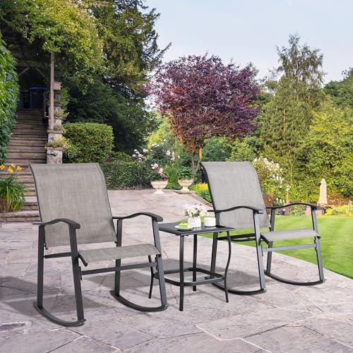 Shintenchi 3 Piece Rocking Bistro Set, Outdoor Furniture with Rocker Chairs and Glass Coffee Table Balcony, Porch Furniture for Small Space, Gray