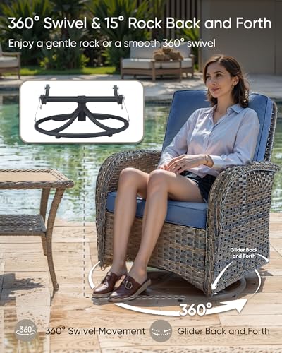 HUMMUH Outdoor Swivel Chairs,3 Pieces Patio Furniture Set with 360 Degree Wicker Swivel Rocking Chairs and Side Table for Garden,Porch,Backyard (Brown/Blue)