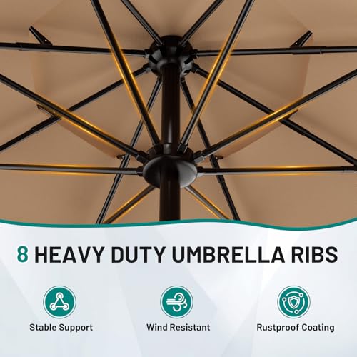 AreShark 9ft 3-Tier Patio Umbrellas, Outdoor Umbrella with 8 Sturdy Ribs UV Protection Windproof, Market Table Umbrella w/Push Button Tilt & Crank for Pool, Porch, Deck, Garden(Beige)