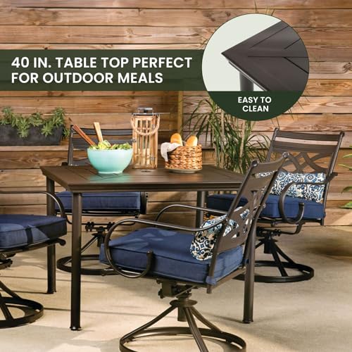 Hanover Montclair 5-Piece Outdoor Dining Set with Stamped Steel Square Dining Table and 4 Swivel Rocker Chairs with Cushions, Weather-Resistant Patio Dining Set for 4, Patio, Backyard, Deck