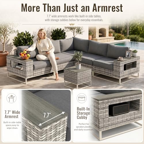 Sweecci 6-Piece Outdoor Patio Furniture Set, Modern PE Wicker Outdoor Sectional Sofa with Storage Armrests & 5.5" Thick Cushions, L-Shaped Couch for Deck, Porch, Backyard, Charcoal Gray