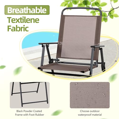 Vongrasig 6 Pieces Folding Patio Dining Set, All Weather Small Metal Outdoor Table and Chairs Set, Patio Furniture Set w/Umbrella, Glass Table & 4 Folding Chairs for Garden, Lawn, Backyard, Brown