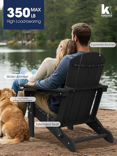 KINGYES Folding Adirondack Chair Set of 4, Dual Cup Holders & All-Weather HDPE, Wood-Like Patio Chair for Backyard, Camping, Pool & Fire Pit, Black