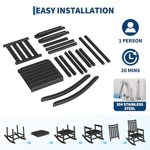 Garvee HDPE Rocking Chair Outdoor Set of 2 with Side Table - Poly High Back Porch Rocker Chairs for Adults - All Weather Resistant Furniture for Patio Front Porch - Black