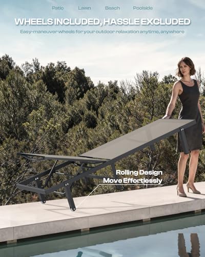 Oasbira Chaise Lounge Outdoor, Aluminum Pool Lounge Chairs with Wheels, 5 Adjustable Backrest - Easy to Move- Outdoor Lounge Chairs for Deck, Beach, Poolside (Khaki)