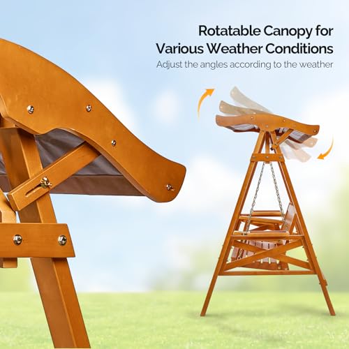VINGLI Porch Swing with Stand, Porch Swing with Canopy, Waterproof Patio Swing with Cup Holder, Outdoor Swing Set for Garden, Yard, Patio, Teak