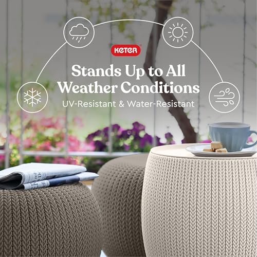 KETER Urban Knit Pouf Ottoman Set of 2 with Storage Table for Patio and Room Décor-Perfect for Balcony, Deck, and Outdoor Seating, Cream & Taupe