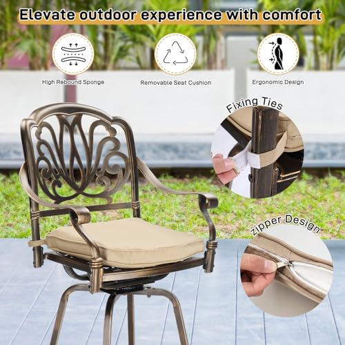VINGLI Outdoor Swivel Bar Stools Set of 2, Cast Aluminum Patio Bar Height Chairs, All-Weather Bar Dining Chairs Outdoor Swivel Patio Furniture (Elizabethan Back)