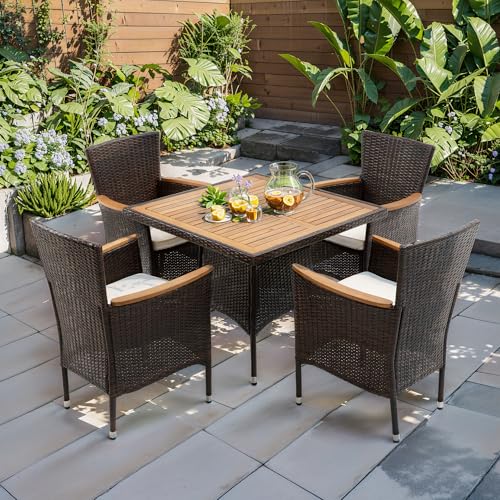 FansaFurn 5 Piece Patio Wicker Dining Sets for 4, Water-Resistant Rattan Outdoor Dining Table and 4 Chairs with Wood Table Top, Conversation Set for Deck, Garden, Backyard, Removable Cushions, Brown