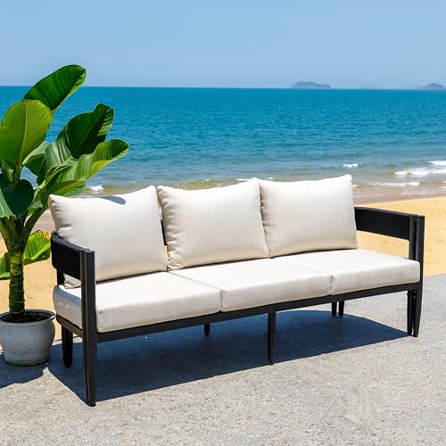 SAFAVIEH Outdoor Collection Viola Black & Taupe Curved Back 3-Seater Sofa