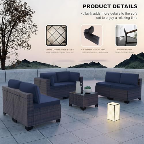 Kullavik 12PCS Outdoor Patio Furniture Set,PE Wicker Rattan Sectional Sofa Patio Conversation Sets with Tempered Glass Table,Swivel Rocking Chairs Set,Navy Blue